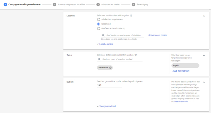 Campagne-instellingen selecteren in Google Ads