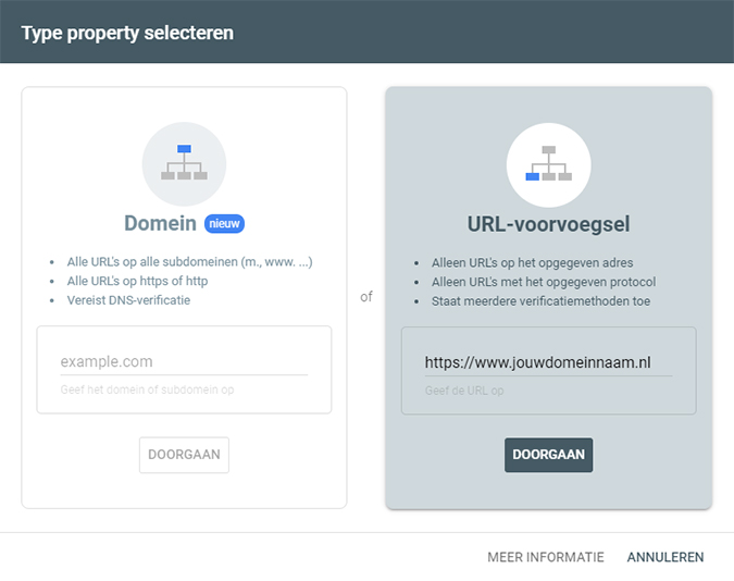 Type property selecteren Google Search Console